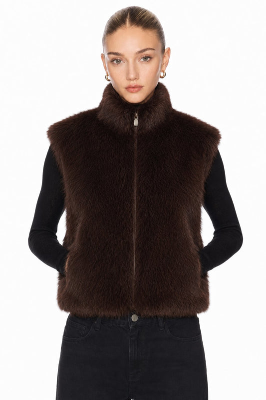 Sunzel Womens Faux Fur Vest Zip Up Sleeveless Fluffy Plush Gilet, Stand Collar Brown Winter Layering Outerwear for Women