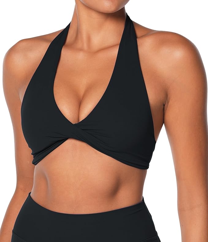 Sunzel Women's Halter Neck Sports Bra, Twist Front Yoga Crop Top with Removable Pads, Open Back V Neck Bra for Gym Workout
