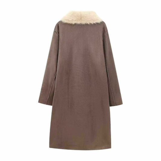 Sunzel Women Long Faux Fur Collar Coat Reversible Sherpa Overcoat with Pockets Winter Warm Elegant Longline Wrap Jacket