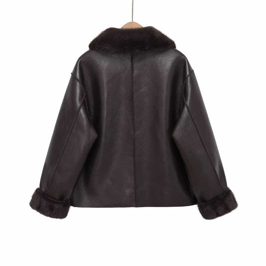 Sunzel Women's Faux Leather Jacket with Faux Fur Collar, Oversized Long Sleeve Winter Coat, Button Front, Pockets, Black Brown