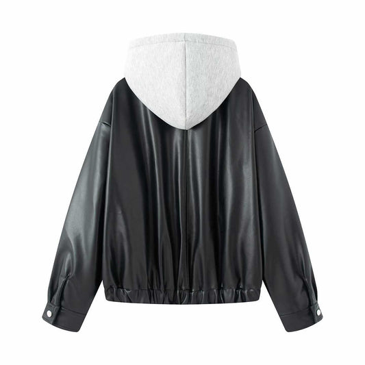 Sunzel Womens Hooded Bomber Jacket Cropped Black Zip Up Coat, Oversized Moto Style Casual Fall Winter Outerwear with Pockets