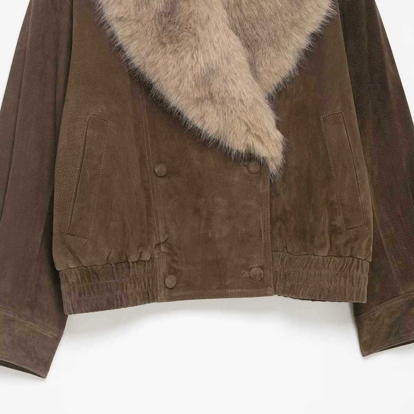 Sunzel Women's Faux Suede Bomber Jacket with Faux Fur Collar, Oversized Long Sleeve Colorblock Coat Fall Winter Outerwear