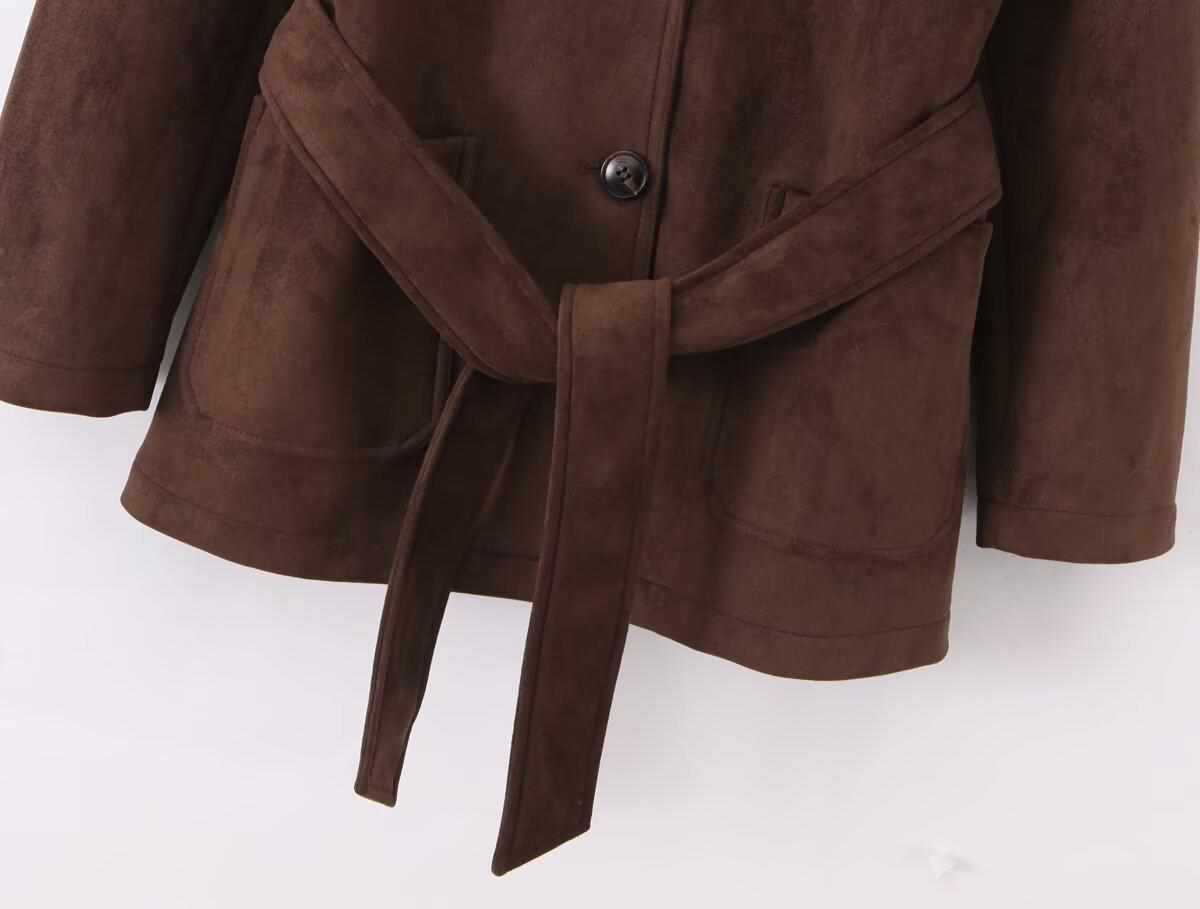 Sunzel Womens Brown Trench Coat with Belt, Suede Look Lapel Fall Outerwear, Button Front Short Dress Coat with Pockets