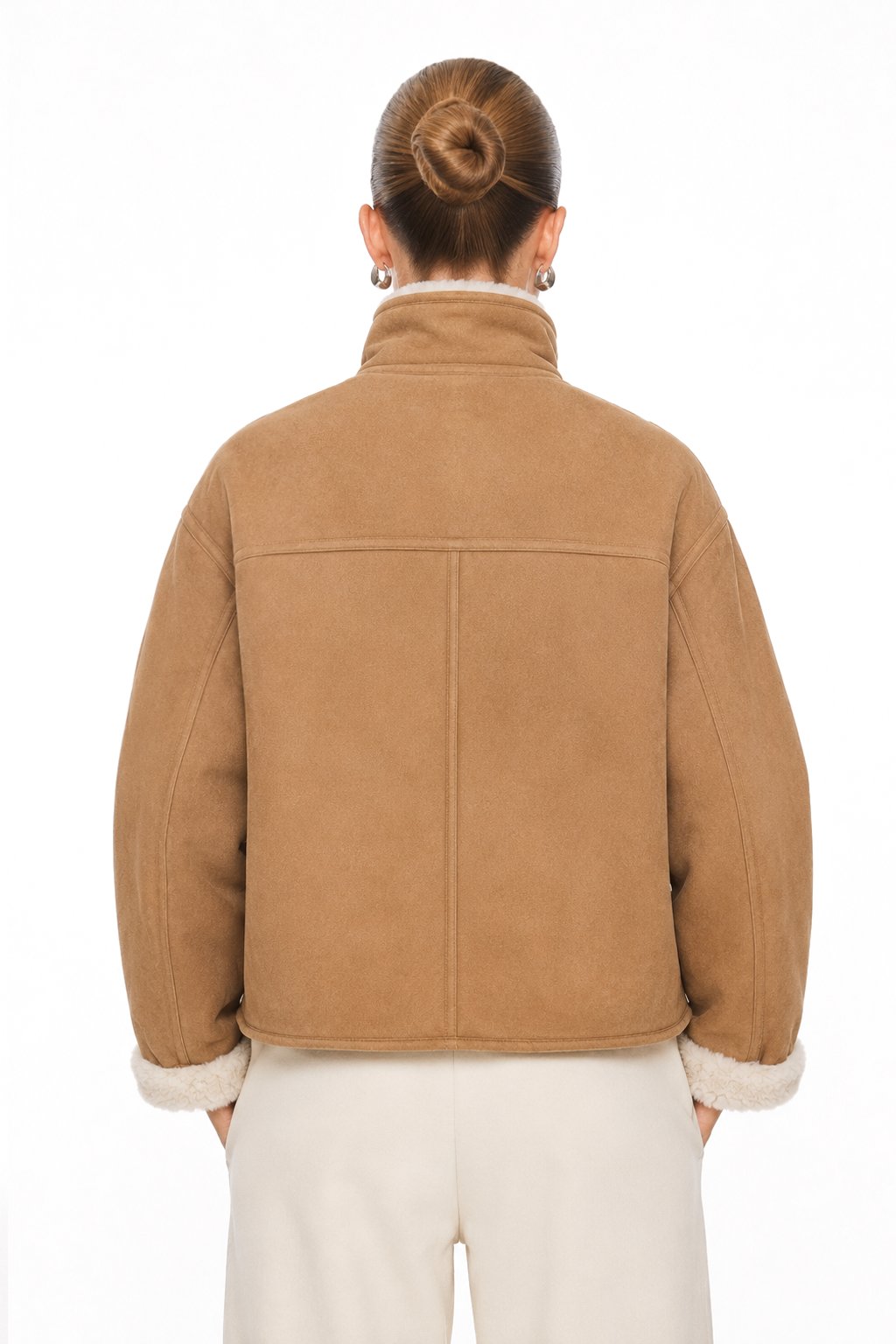 Sunzel Womens Reversible Sherpa Coat, Camel Suede Look Short Trench Outerwear, Stand Collar Button Front Jacket with Pockets