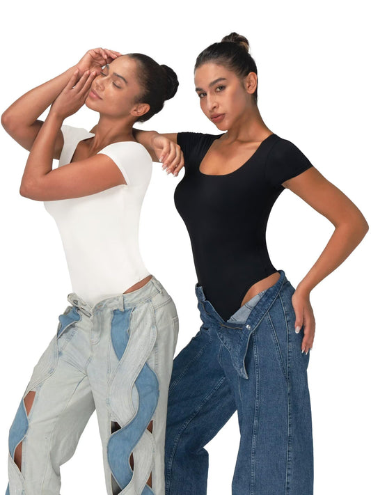 Women's Scoop Neck T-Shirt Bodysuit High Stretch Seamless Thong Leotard Moisture-Wicking Layering Essentials