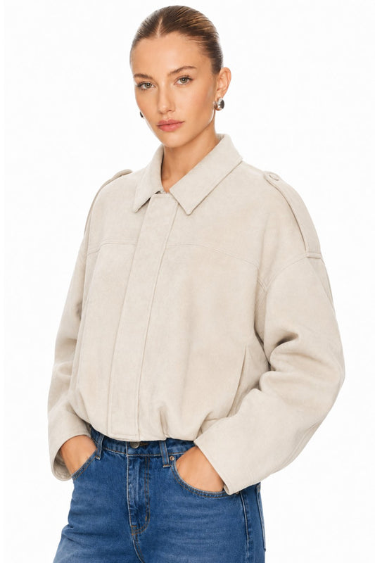Sunzel Womens Faux Suede Bomber Jacket Cream Zip Up Cropped Coat, Collared Long Sleeve Fall Outerwear with Pockets