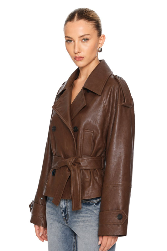 Sunzel Womens Faux Leather Jacket Cropped Belted Trench Coat, Brown Oversized Moto Outerwear with Lapel Collar Pockets for Fall