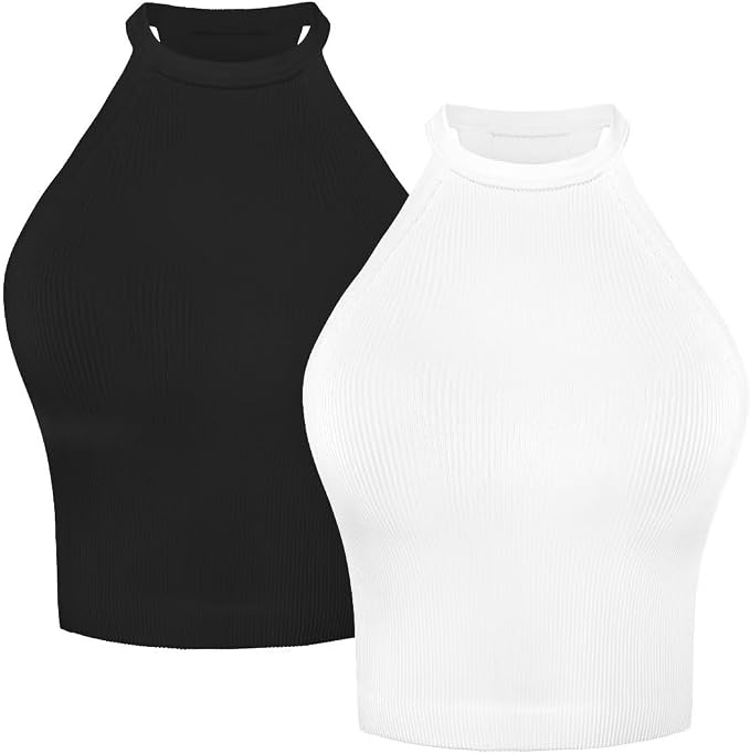 Sunzel Ribbed Tank Tops for Women, Halter High Neck Seamless Cute Crop Top, Basics Sleeveless Workout Athletic Yoga Shirts