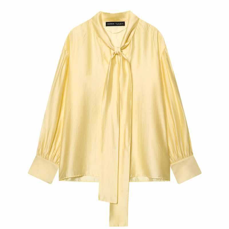 Sunzel Women's Satin Tie Neck Blouse, V Neck Balloon Lantern Sleeve Loose Fit Silky Solid Elegant Dressy Long Sleeve Top