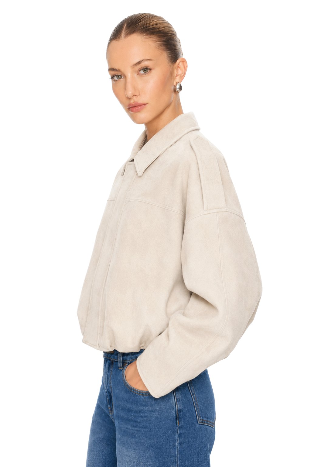 Sunzel Womens Faux Suede Bomber Jacket Cream Zip Up Cropped Coat, Collared Long Sleeve Fall Outerwear with Pockets