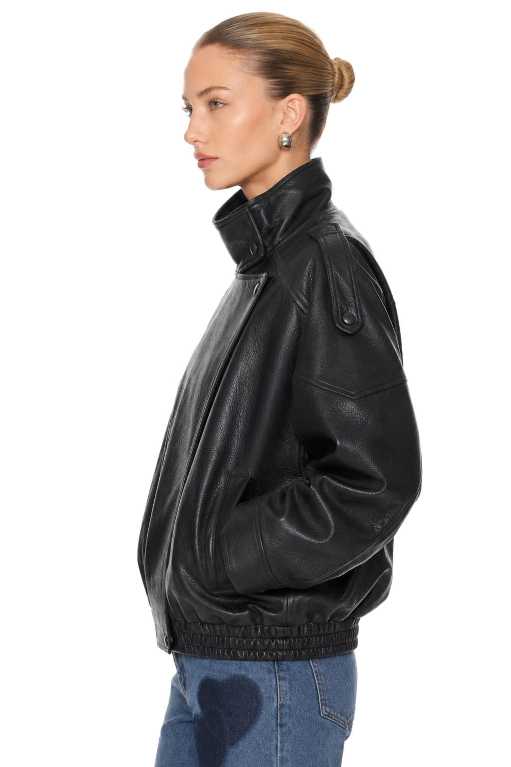 Sunzel Womens Faux Leather Bomber Jacket Moto Zip Up Coat Stand Collar, Oversized PU Leather Short Fall Winter Outerwear with Pockets