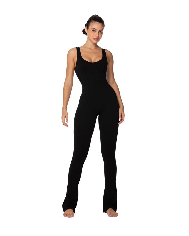 Sleeveless flared leg jumpsuits with built-in padding