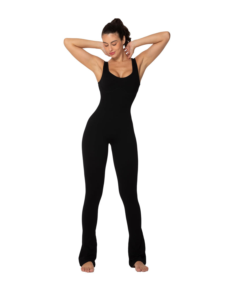 Sleeveless flared leg jumpsuits with built-in padding