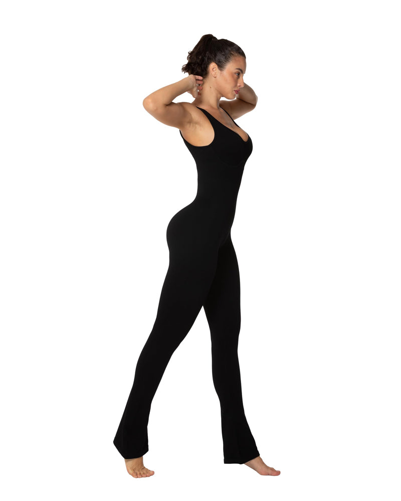 Sleeveless flared leg jumpsuits with built-in padding