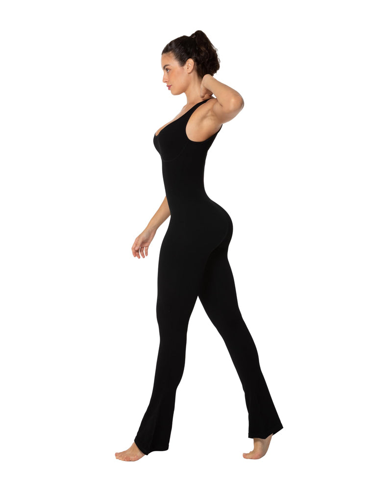 Sleeveless flared leg jumpsuits with built-in padding