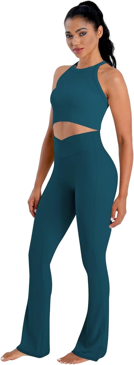 Sunzel No Front Seam Crossover Flare Leggings for Women Hidden Butt Lifting Scrunch Tummy Control Mini Flared Yoga Pants