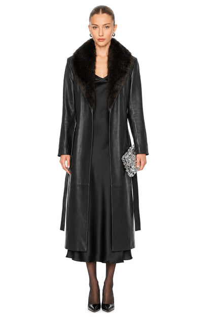 Sunzel Women Black Faux Leather Coat Faux Fur Collar Belted Longline Winter Overcoat with Pockets