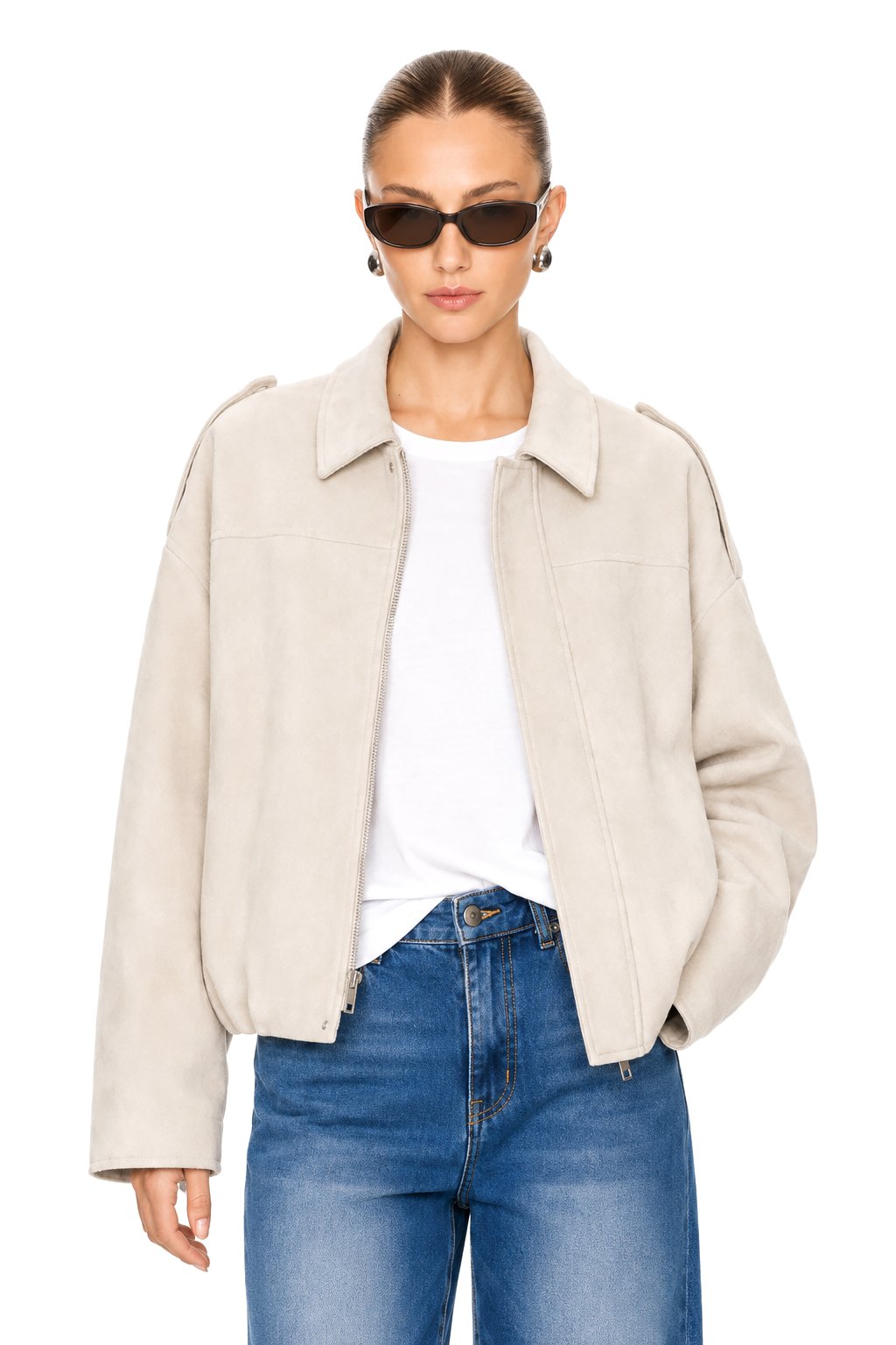 Sunzel Womens Faux Suede Bomber Jacket Cream Zip Up Cropped Coat, Collared Long Sleeve Fall Outerwear with Pockets