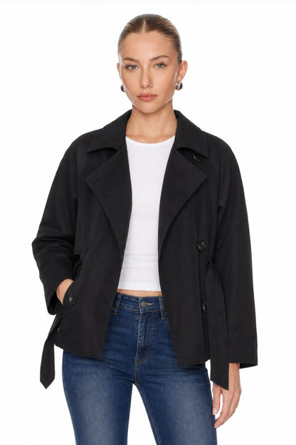 Sunzel Womens Black Short Trench Coat Belted Double Breasted Lapel Fall Jacket with Flap Pockets