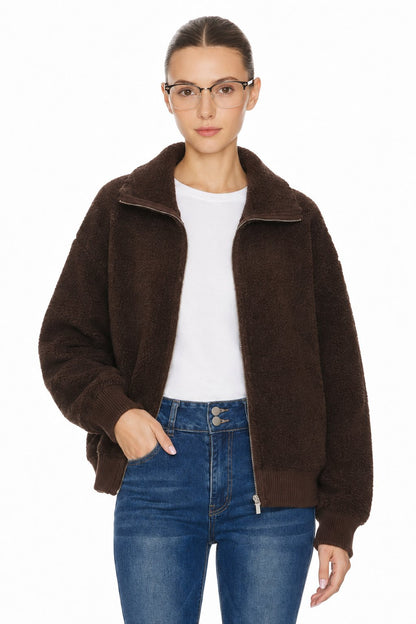 Sunzel Womens Fuzzy Fleece Bomber Jacket Zip Up Sherpa Collar Long Sleeve Warm Fall Winter Casual Outerwear