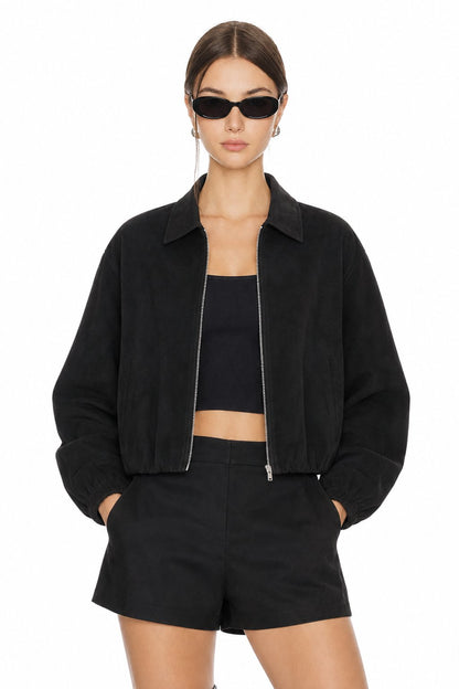 Sunzel Womens Cropped Bomber Jacket Full Zip Suede Look Turn Down Collar Balloon Sleeve Fall Coat