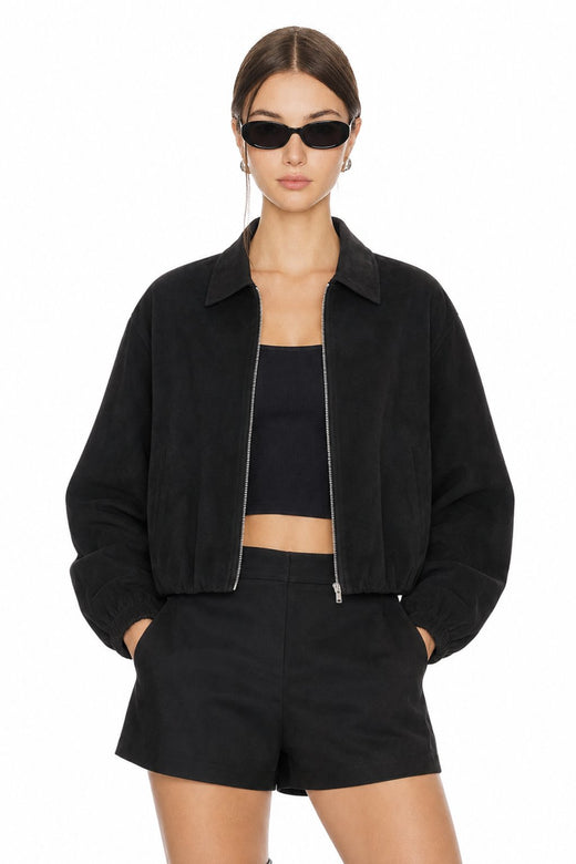 Sunzel Womens Cropped Bomber Jacket Full Zip Suede Look Turn Down Collar Balloon Sleeve Fall Coat