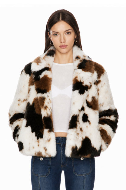 Sunzel Womens Cow Print Faux Fur Cropped Jacket Stand Collar Plush Fall Winter Outerwear