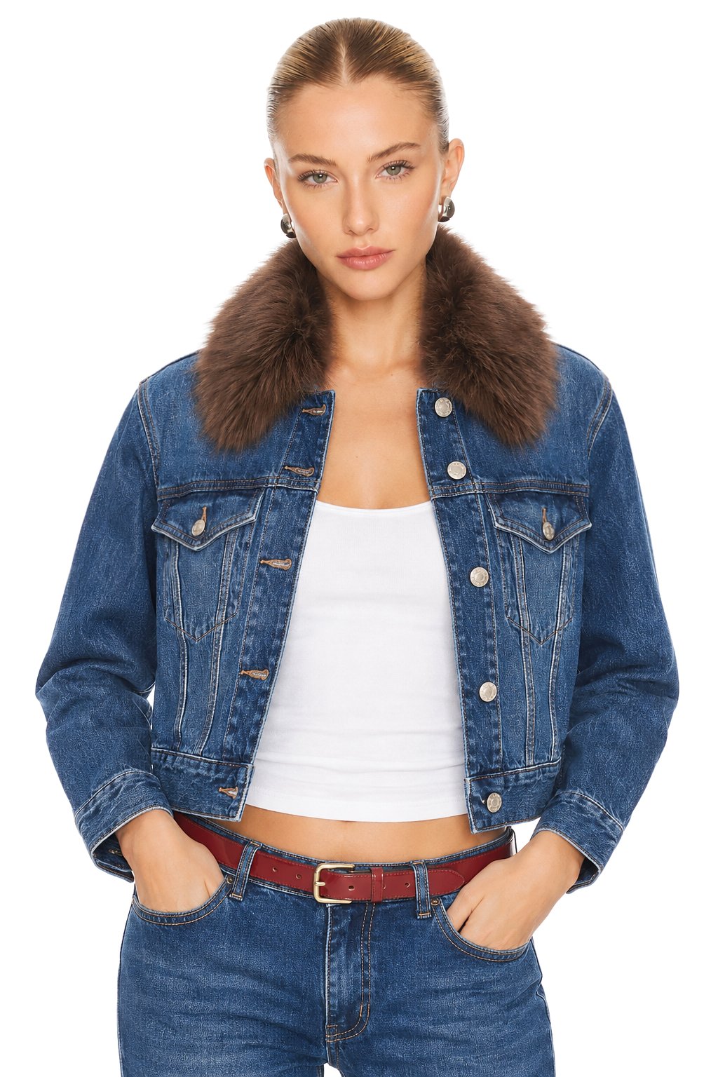 Sunzel Womens Cropped Denim Jacket Faux Fur Collar Button Down Short Jean Coat, Fall Winter Casual Outerwear with Flap Chest Pockets