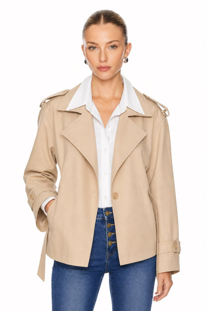 Sunzel Womens Beige Short Trench Coat Belted Lapel Button Front Fall Jacket with Pockets