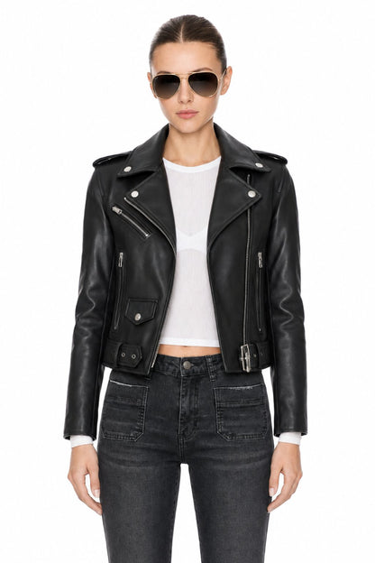 Sunzel Womens Faux Leather Moto Jacket Cropped Asymmetric Zip Biker Coat, Black Belted Biker Jacket with Silver Hardware Pockets