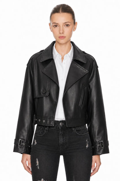 Sunzel Womens Faux Leather Moto Jacket Cropped Asymmetric Zip Biker Coat, Black Belted Biker Jacket with Buckle Cuffs Pockets