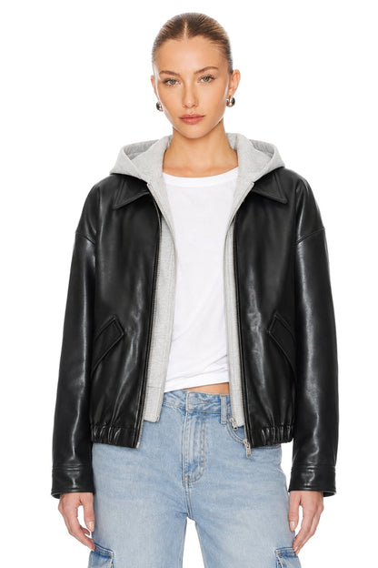 Sunzel Womens Faux Leather Hooded Bomber Jacket Cropped Black Zip Up Coat, Oversized Fall Winter Casual Outerwear with Pockets