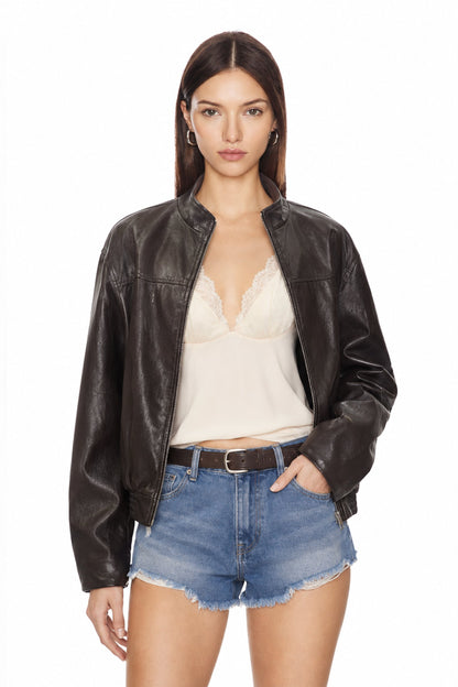 Sunzel Womens Faux Leather Bomber Jacket Cropped Zip Up Jacket, Stand Collar Long Sleeve Motorcycle Style Fall Coat with Pockets