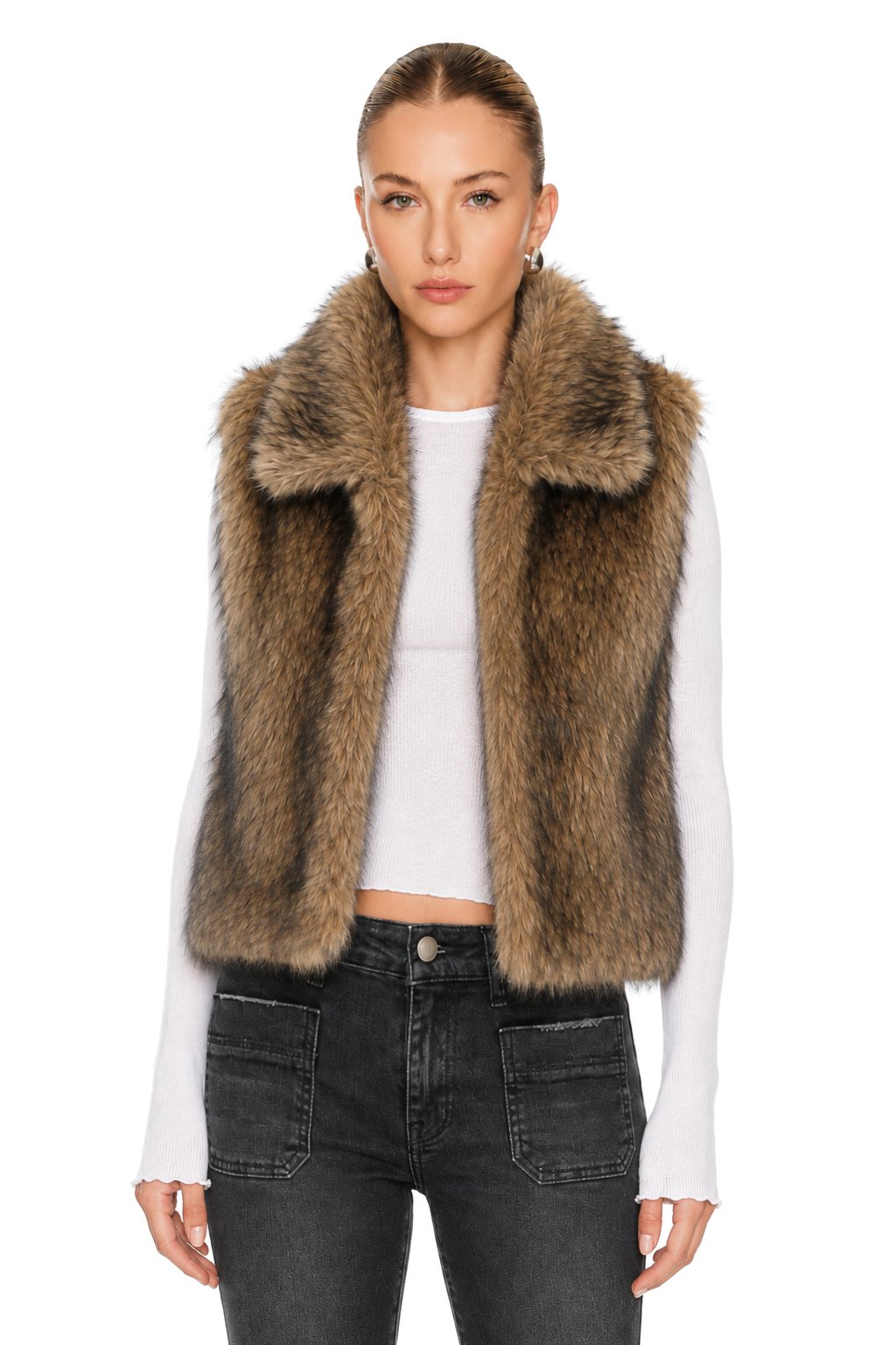 Sunzel Womens Faux Fur Vest Sleeveless Open Front Jacket Soft Plush Smoothing Winter Going Out Layering Coat with Pockets