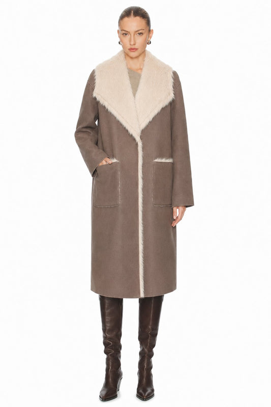 Sunzel Women Reversible Faux Shearling Coat Faux Fur Collar Long Winter Overcoat with Pockets Taupe