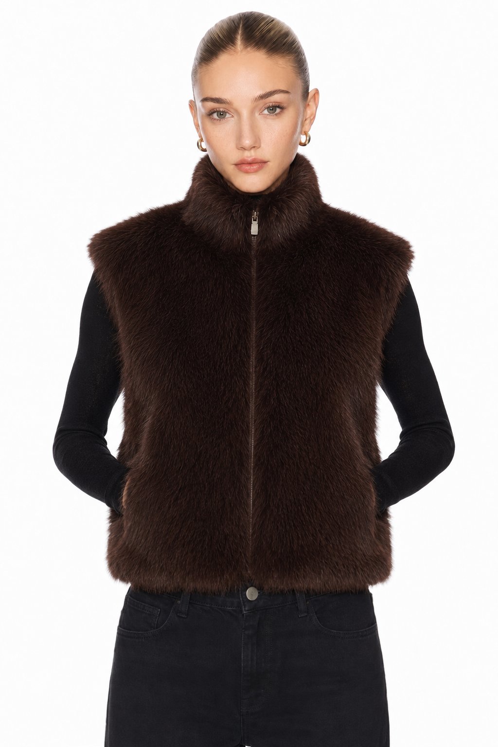 Sunzel Womens Faux Fur Vest Zip Up Sleeveless Fluffy Plush Gilet, Stand Collar Brown Winter Layering Outerwear for Women