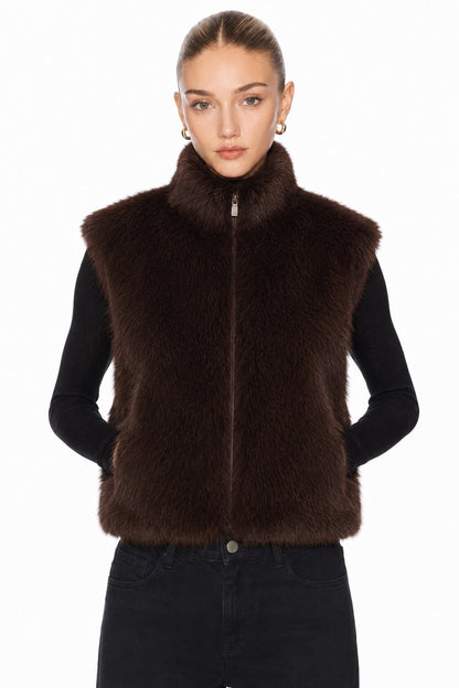Sunzel Womens Faux Fur Vest Zip Up Sleeveless Fluffy Plush Gilet, Stand Collar Brown Winter Layering Outerwear for Women