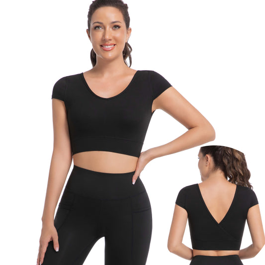 Women's Cross Back Deep V-Neck Slim Fit Stretchy T-Shirt High Elasticity Workout Tops Moisture-Wicking Breathable Yoga Running Gym Wear