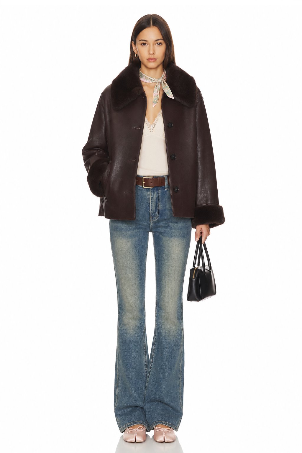 Sunzel Womens Faux Leather Jacket Faux Fur Collar Cuffs Dark Brown, Button Front Oversized Short Winter Coat with Pockets