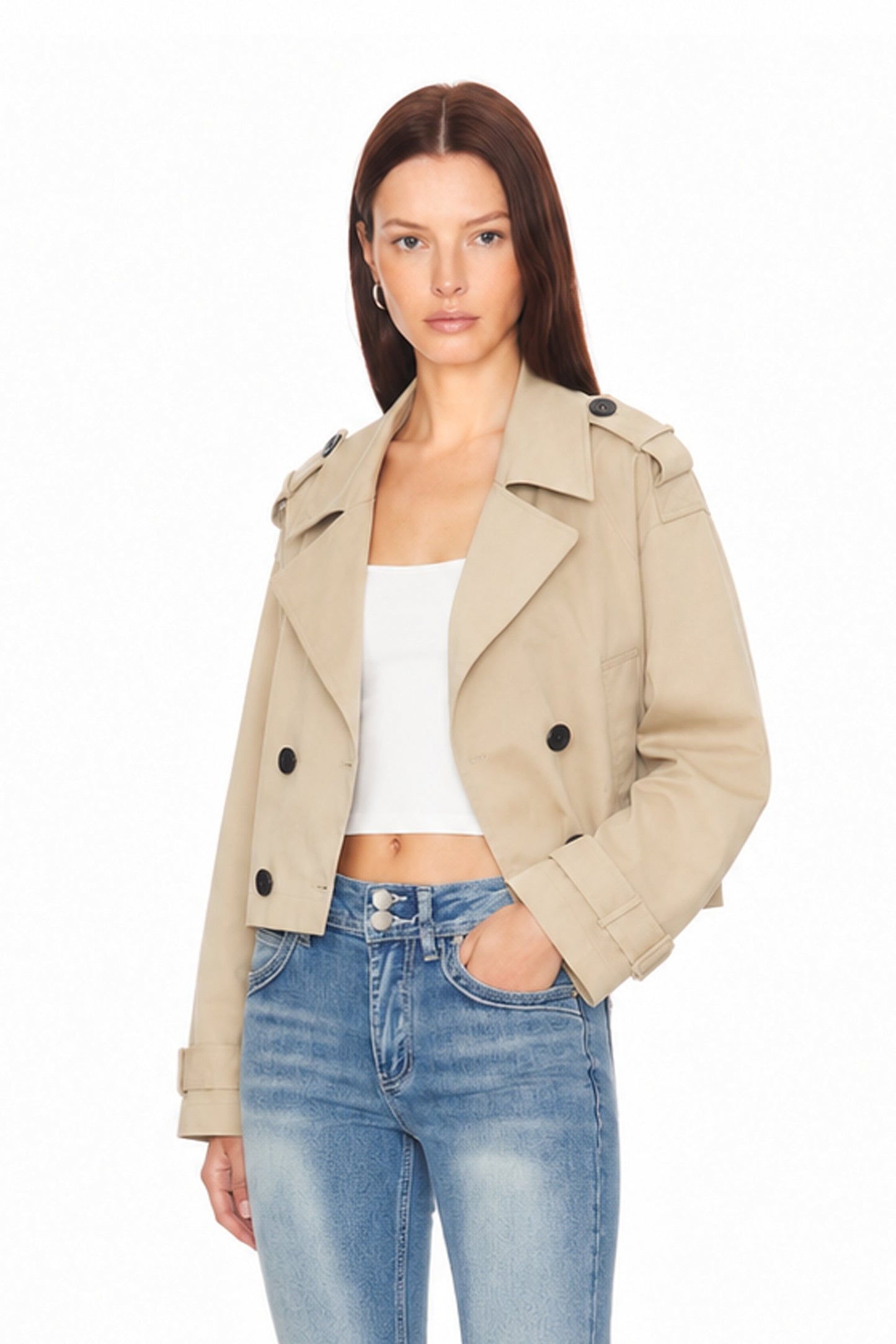 Sunzel Womens Cropped Trench Coat, Khaki Double Breasted Short Trench Jacket, Lapel Collar Long Sleeve Fall Outerwear with Button Cuffs