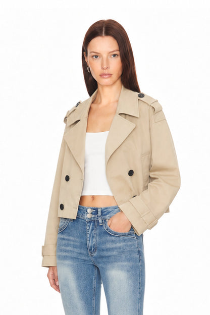 Sunzel Womens Cropped Trench Coat, Khaki Double Breasted Short Trench Jacket, Lapel Collar Long Sleeve Fall Outerwear with Button Cuffs