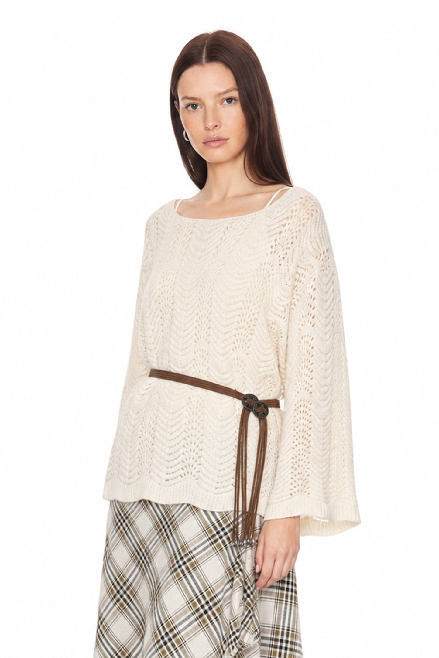 Sunzel Womens Openwork Knit Poncho Sweater Belted Long Sleeve Loose Fit Fall Pullover Top