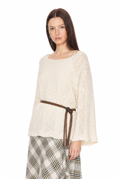 Sunzel Womens Openwork Knit Poncho Sweater Belted Long Sleeve Loose Fit Fall Pullover Top