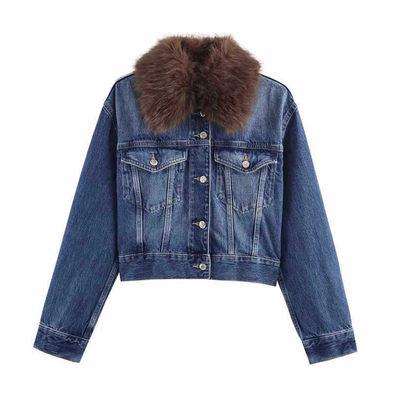 Sunzel Womens Cropped Denim Jacket with Removable Faux Fur Collar, Button Down Short Jean Coat with Pockets for Fall Winter