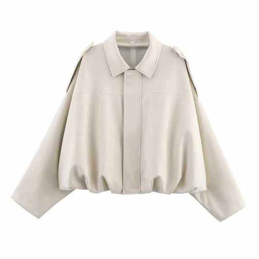 Sunzel Womens Cream Bomber Jacket Zip Up Suede Look Cropped Fall Outerwear Collared Long Sleeve Pilot Jacket with Pockets