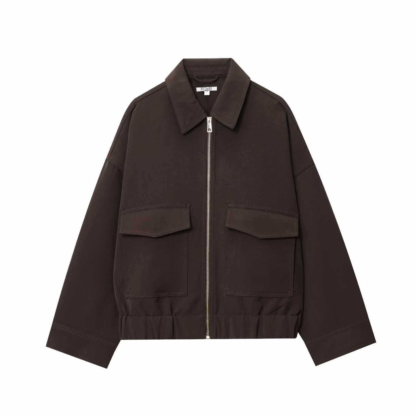 Sunzel Womens Brown Bomber Jacket, Zip Up Cropped Fall Outerwear, Collared Long Sleeve Casual Utility Jacket with Pockets