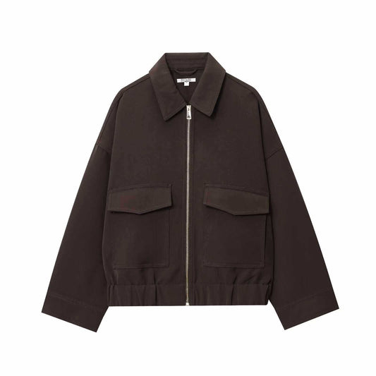 Sunzel Womens Brown Bomber Jacket, Zip Up Cropped Fall Outerwear, Collared Long Sleeve Casual Utility Jacket with Pockets