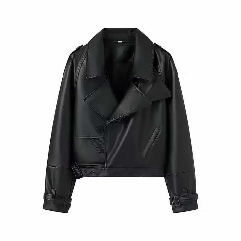 Sunzel Women's Faux Leather Cropped Jacket, Moto Biker Double Breasted Coat with Waist Belt & Buckle Cuffs, Chic Street Style