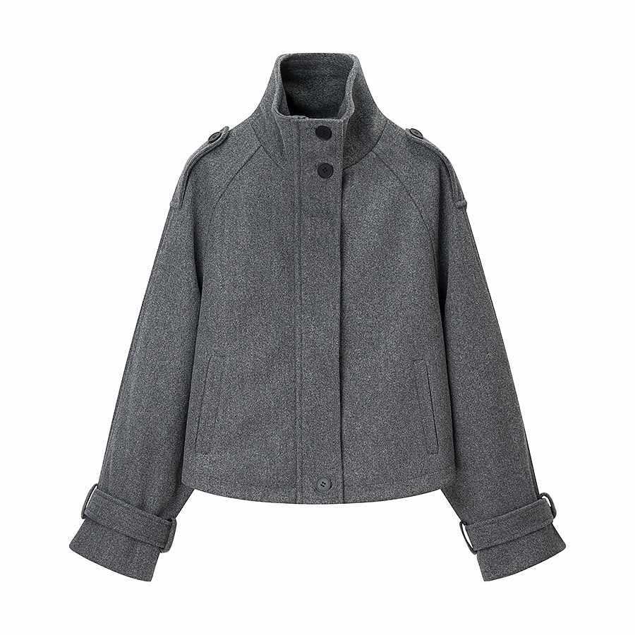 Sunzel Womens Gray Wool Look Jacket, Stand Collar Short Winter Outerwear, Single Breasted Long Sleeve Dress Jacket with Pockets