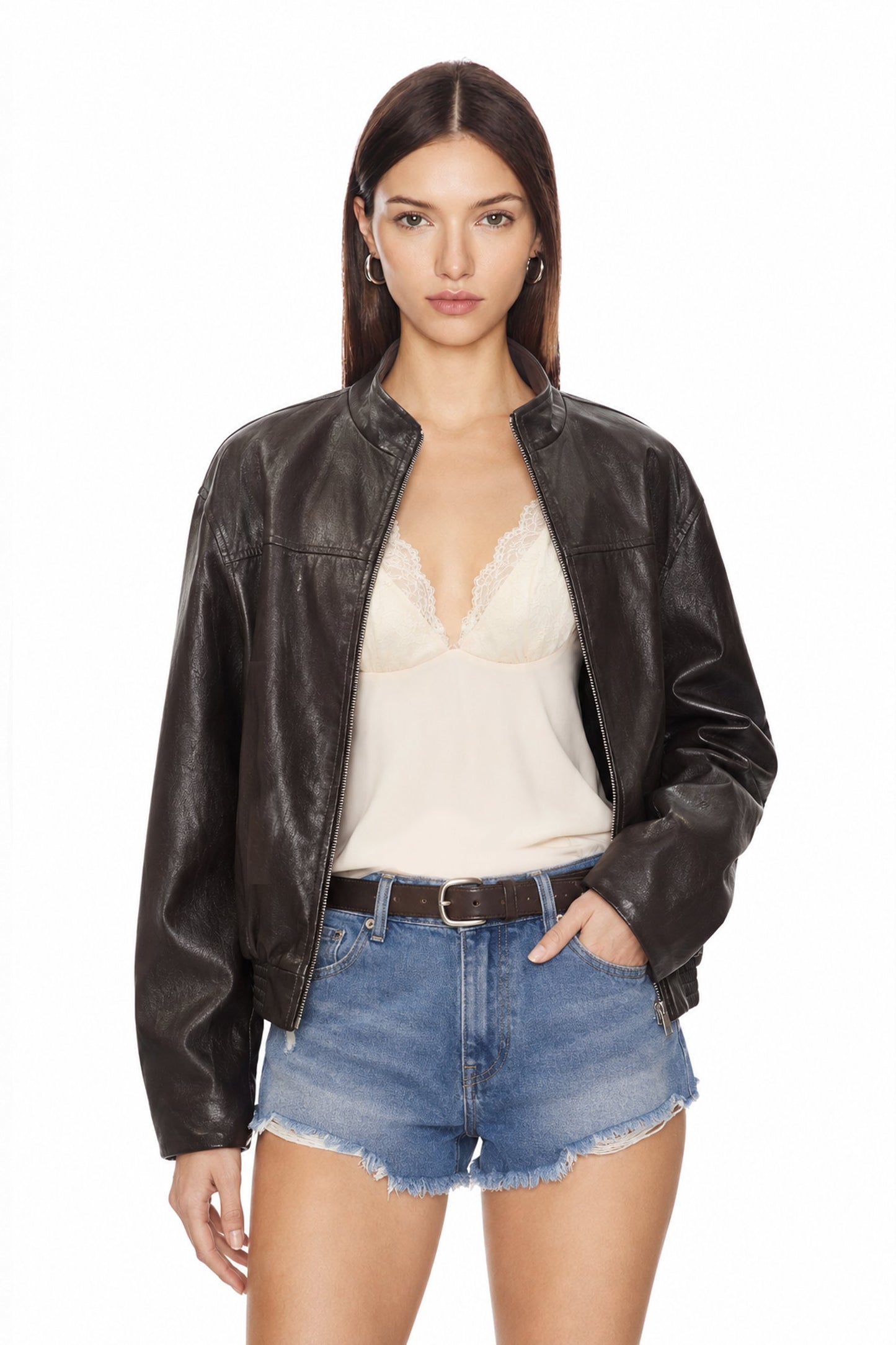 Sunzel Womens Faux Leather Bomber Jacket Cropped Zip Up Jacket, Stand Collar Long Sleeve Motorcycle Style Fall Coat with Pockets